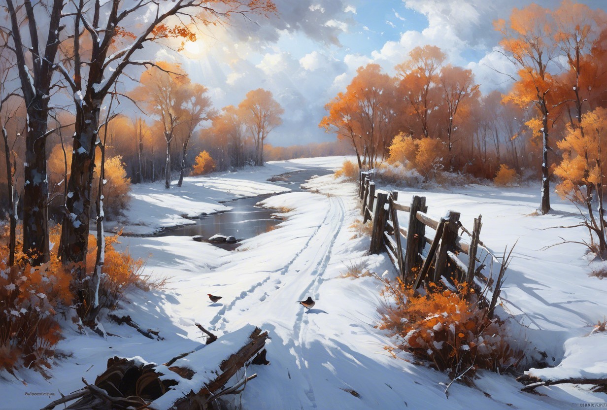 Serene Winter Landscape with River and Autumn Foliage