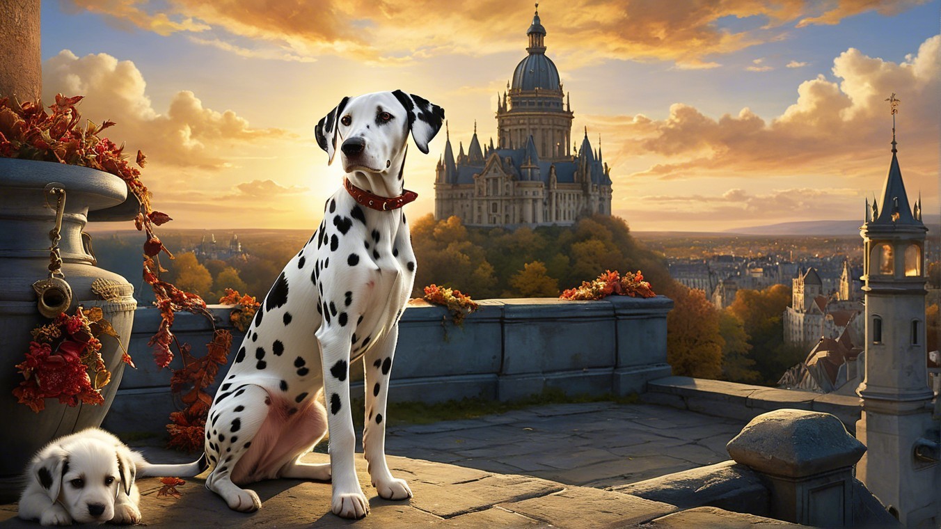 Dalmatian on Balcony with Castle and Autumn Landscape
