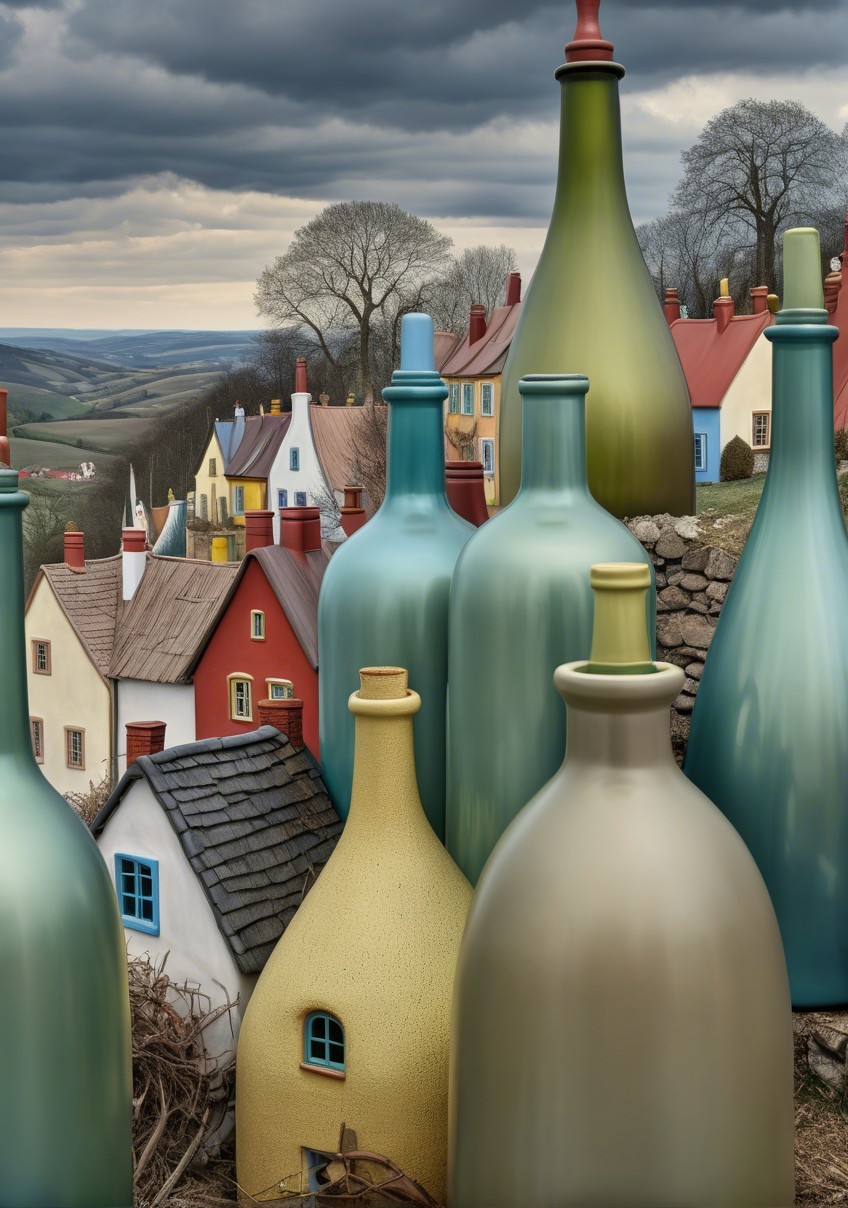 Oversized Colorful Bottles Resembling Houses in Landscape