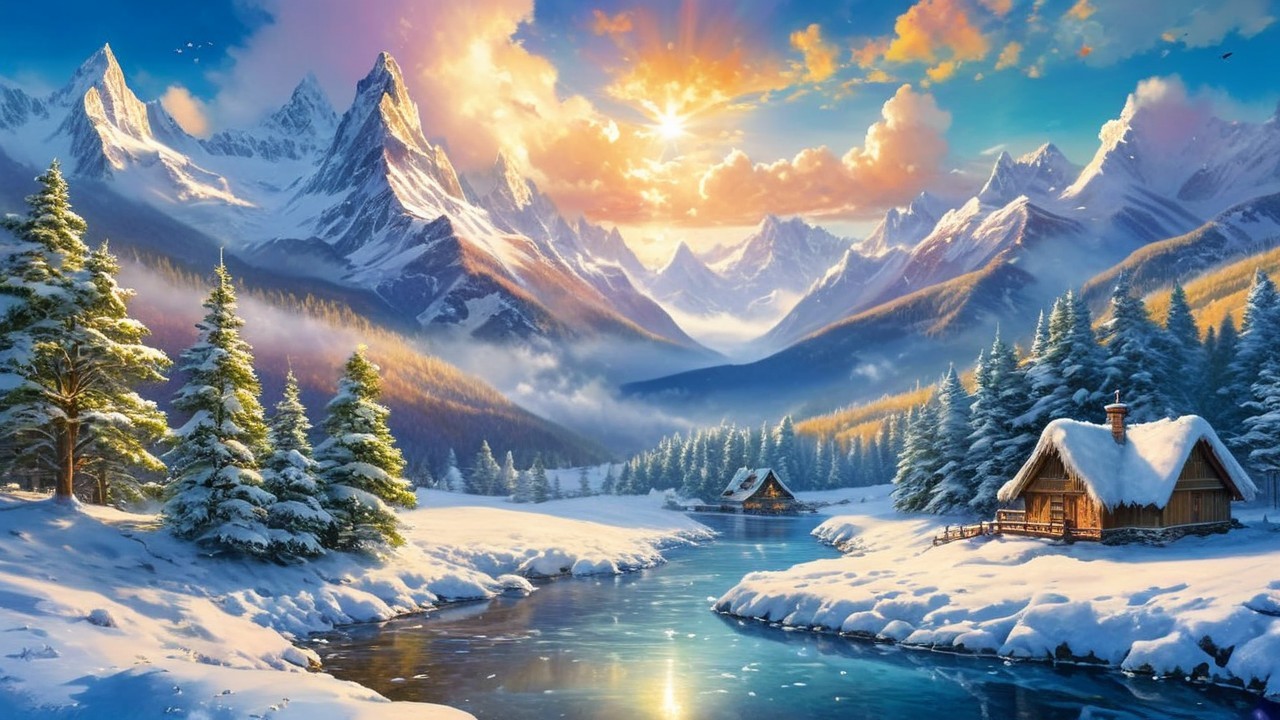 Vibrant Winter Sunset Over Snow-Capped Mountains Landscape