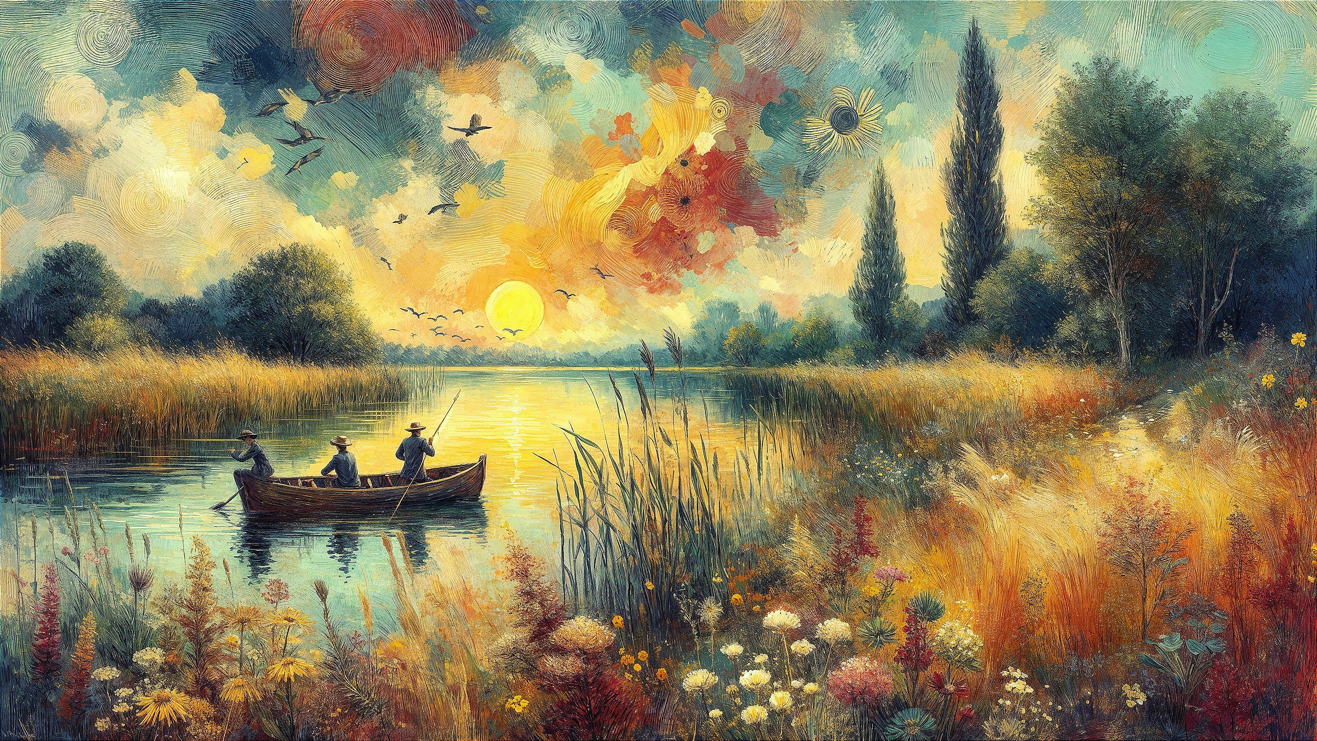 Serene Landscape with Fishermen on Tranquil River