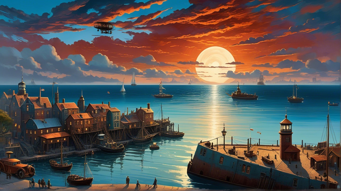 Harbor Scene at Sunset with Victorian Architecture