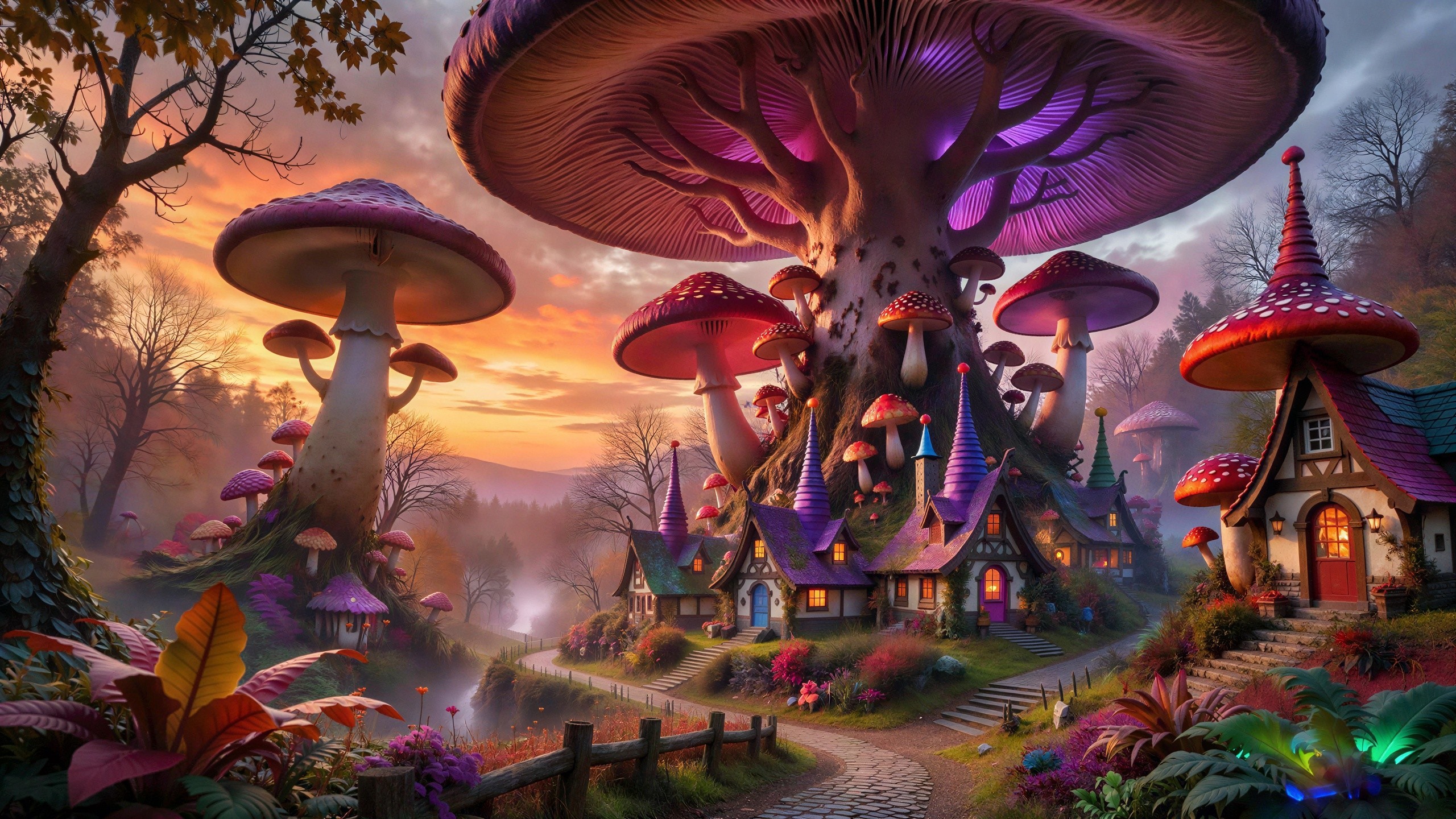 Fairytale Village with Mushroom Houses at Sunset