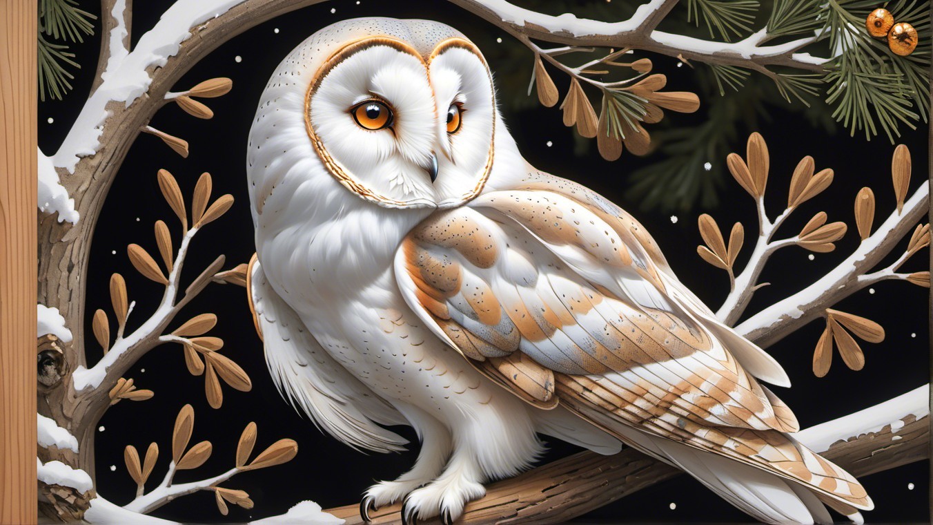 Barn Owl on Snow-Dusted Branch in Winter Scene