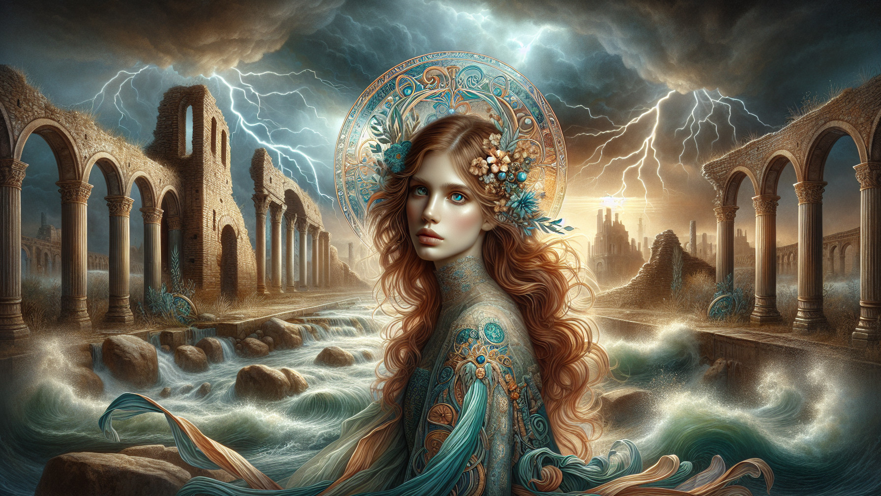 Mystical Woman Amidst Ancient Ruins and Stormy Sky