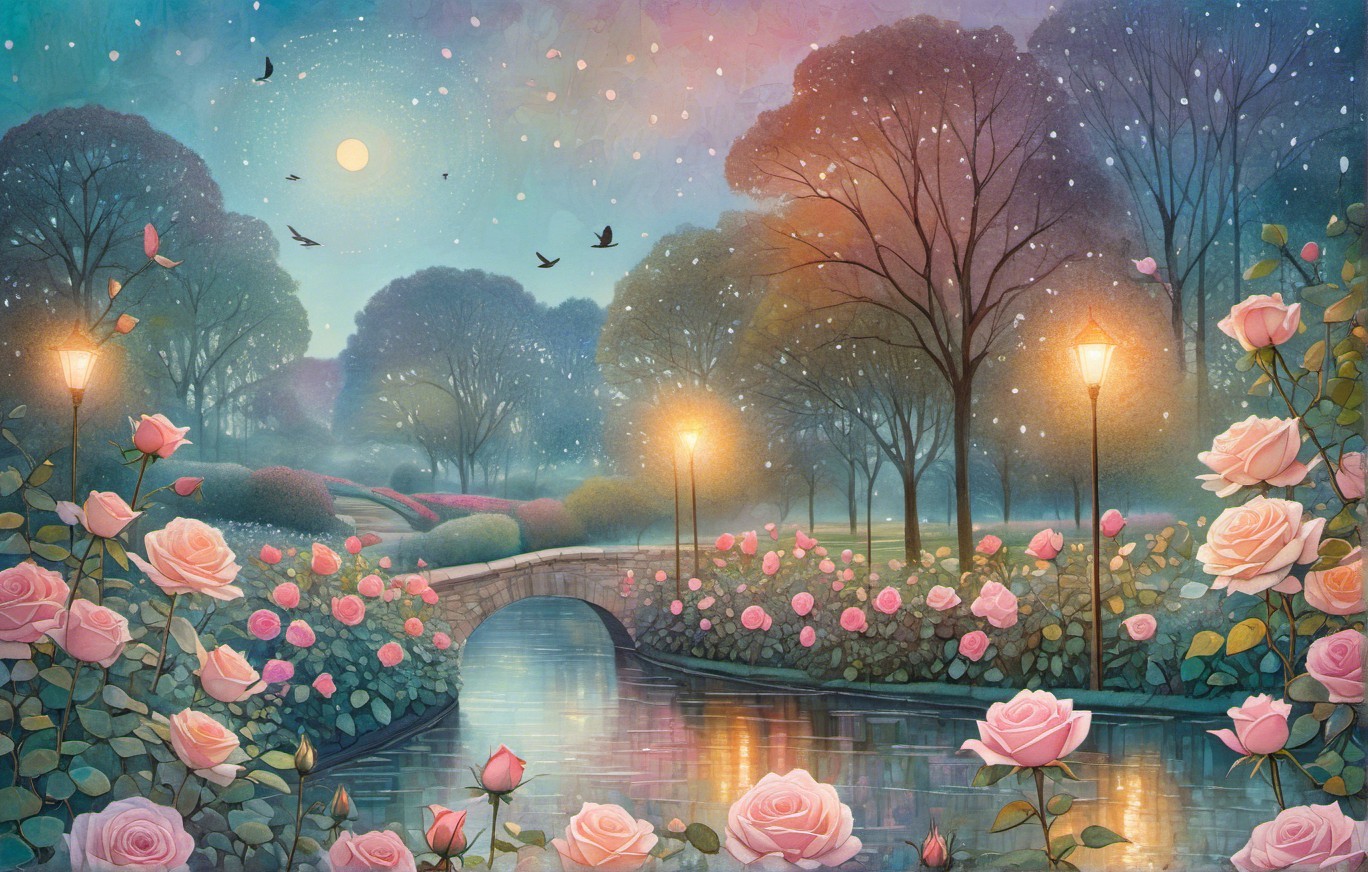 Twilight Park Scene with Bridge and Snowy Landscape