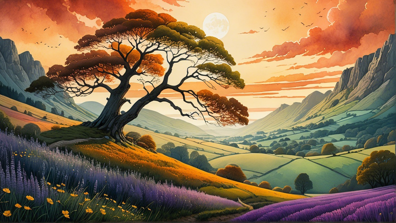 Vibrant Landscape with Lavender Fields and Sunset Sky