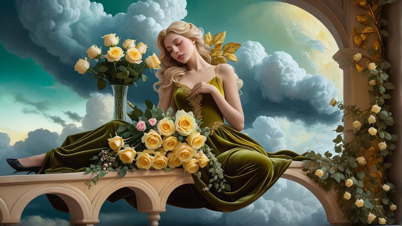 Serene Woman in Green Gown with Yellow Roses