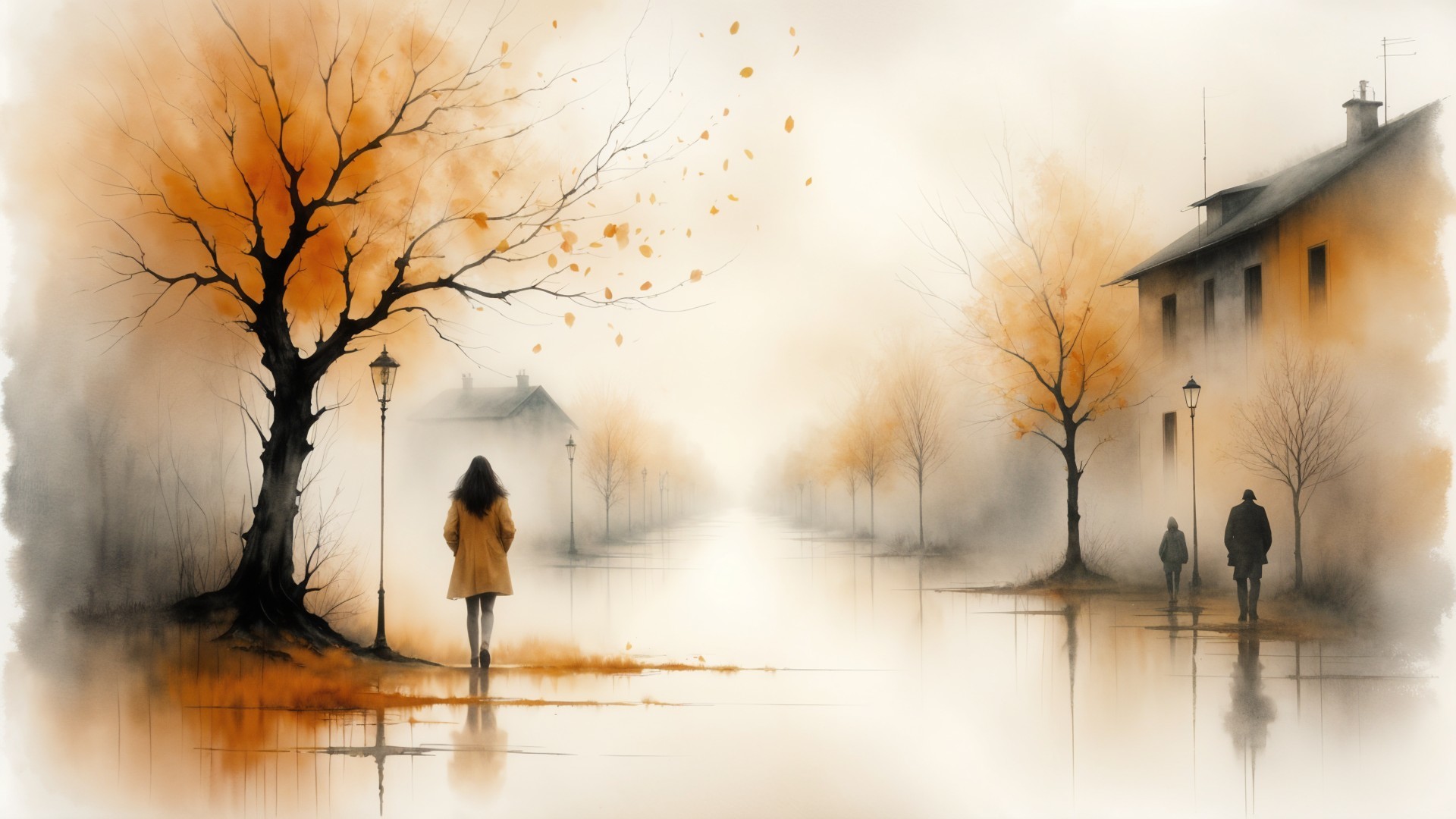 Serene Autumn Scene with Mist and Leafless Trees