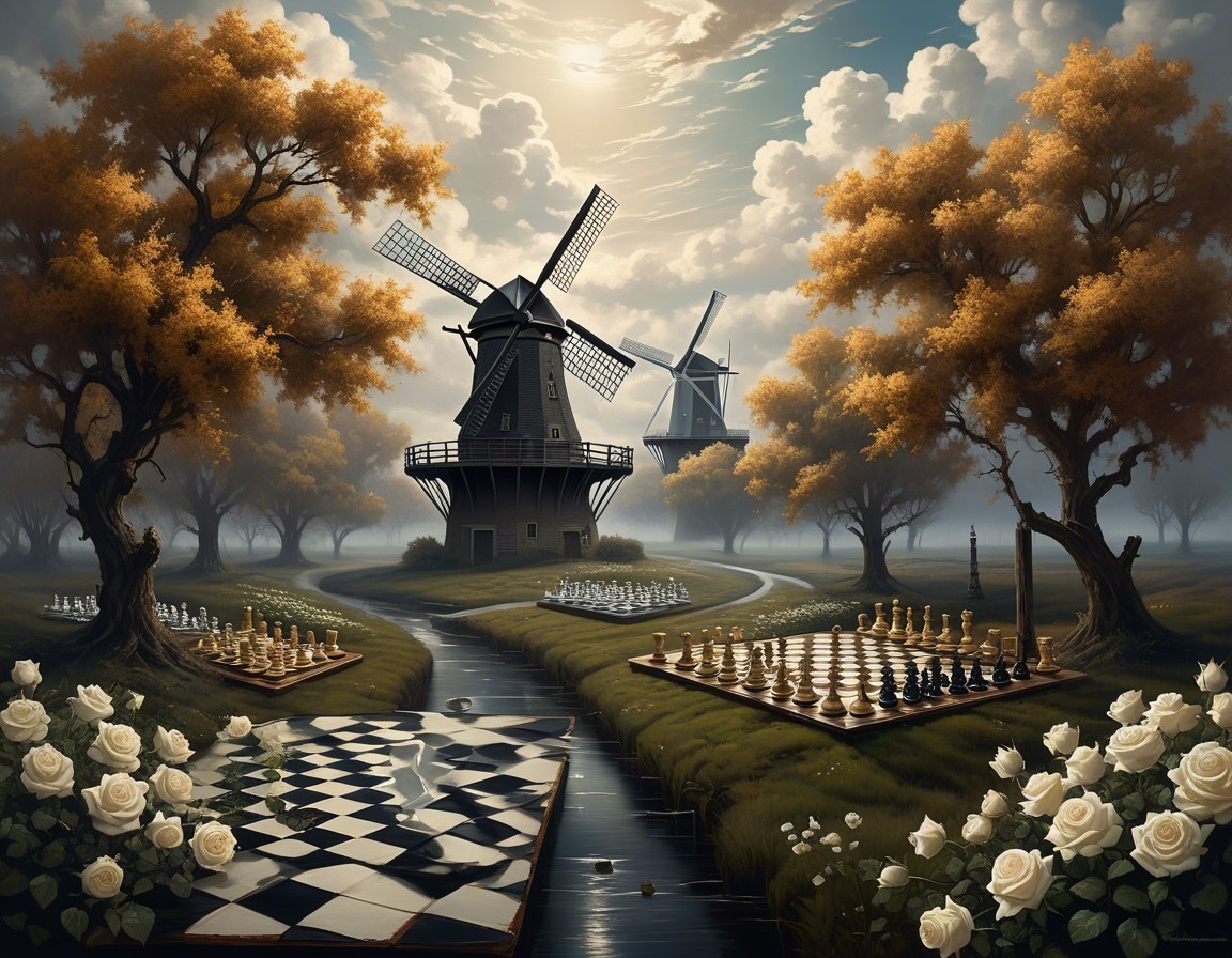 Surreal Landscape with Windmills and White Roses