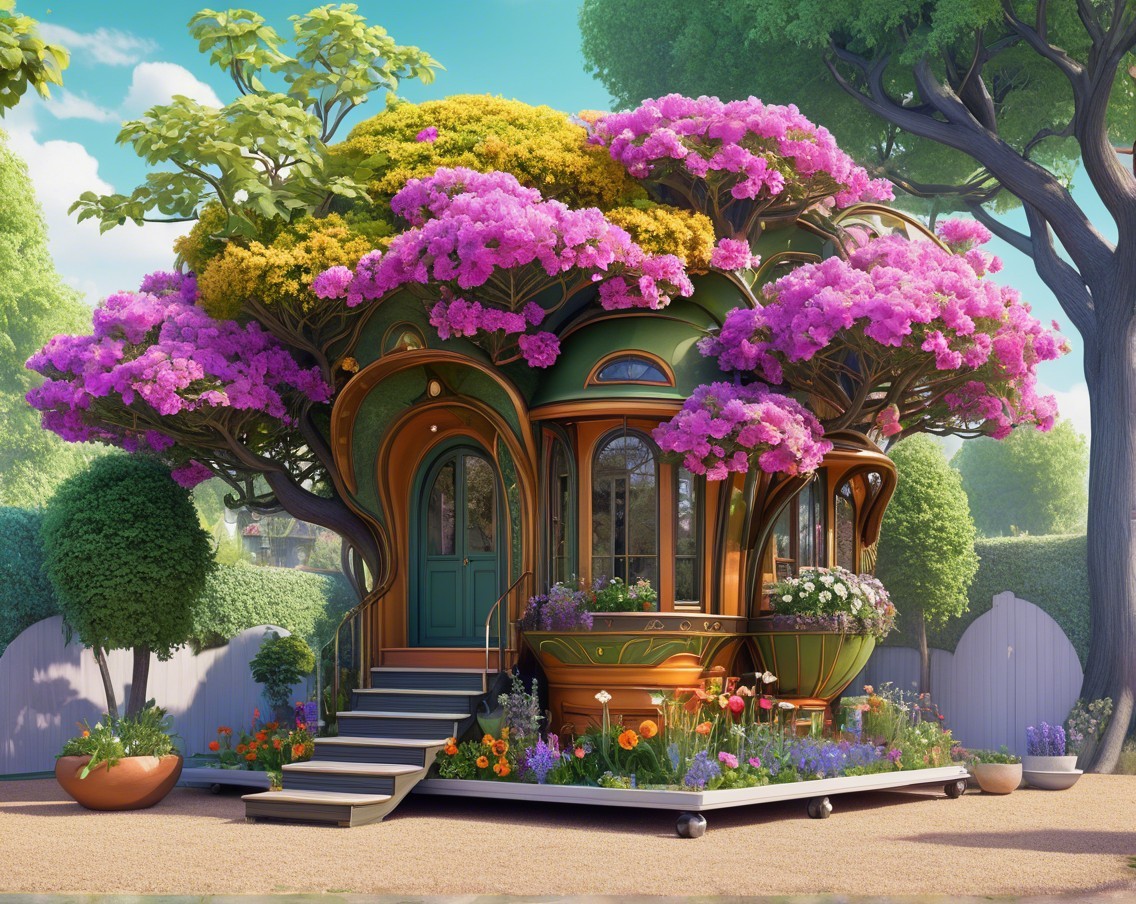 Vibrant Treehouse Surrounded by Colorful Flowers