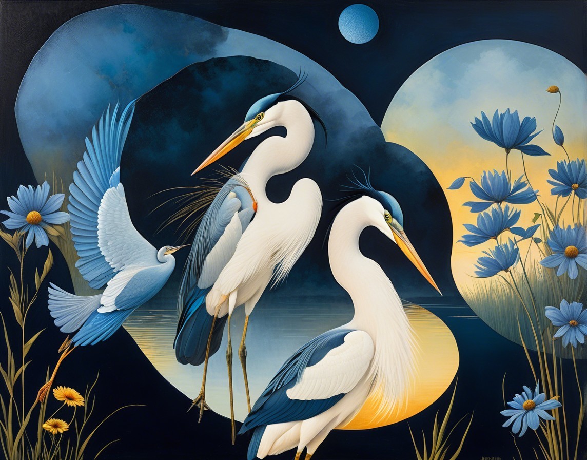 Herons by Water with Flowers and Crescent Moon