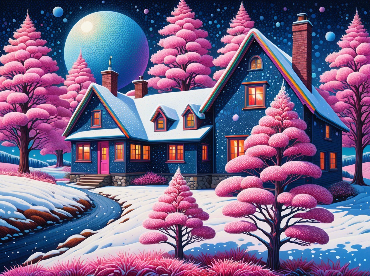 Vibrant Winter Landscape with Blue House and Moon