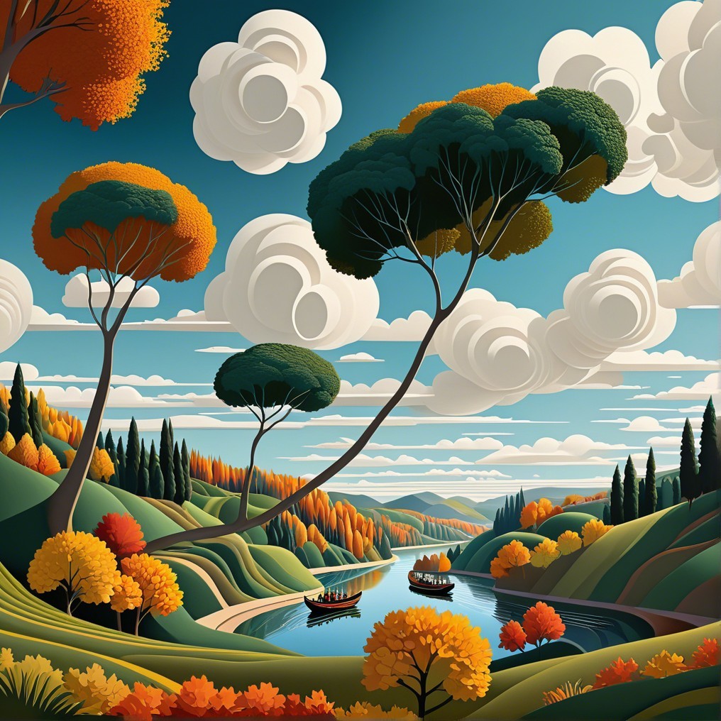 Vibrant Autumn Landscape with River and Boats