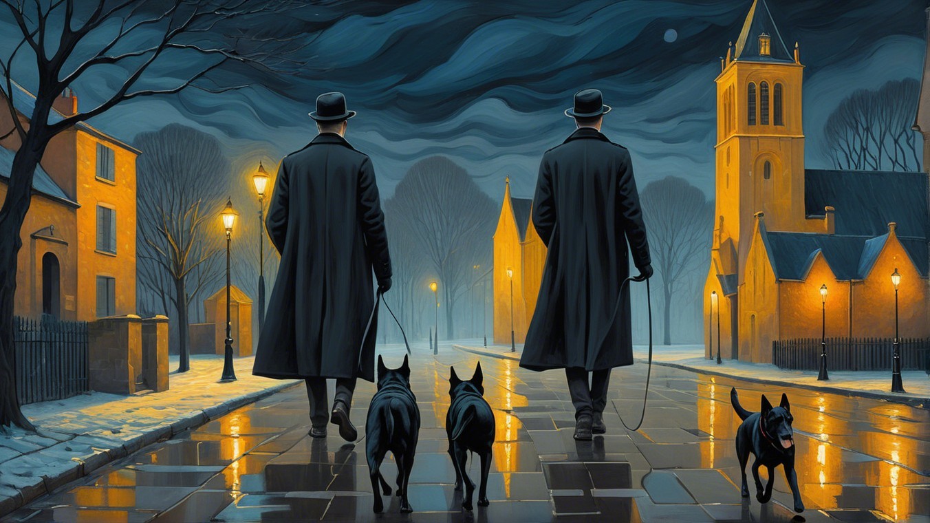 Foggy Forest Scene with Figures and Black Dogs
