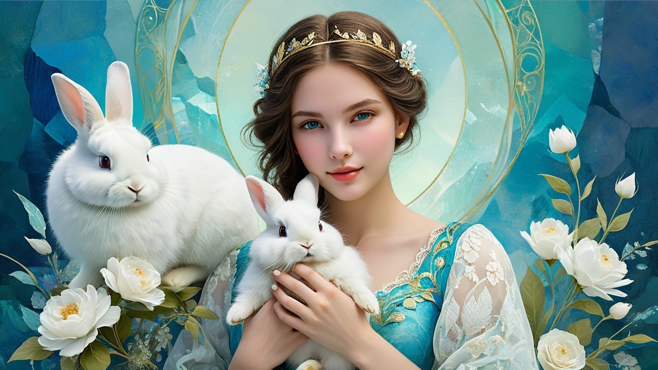 Digital Painting of a Young Woman with Rabbits and Roses