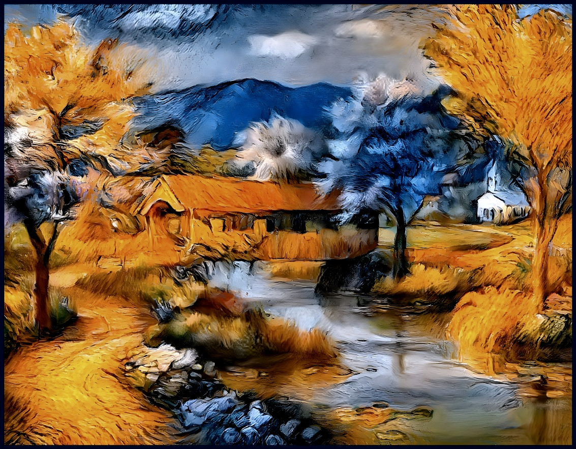 Vibrant Landscape with River, Cottage, and Mountains