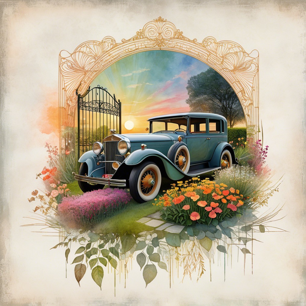 1930s Vintage Car in a Colorful Garden Setting