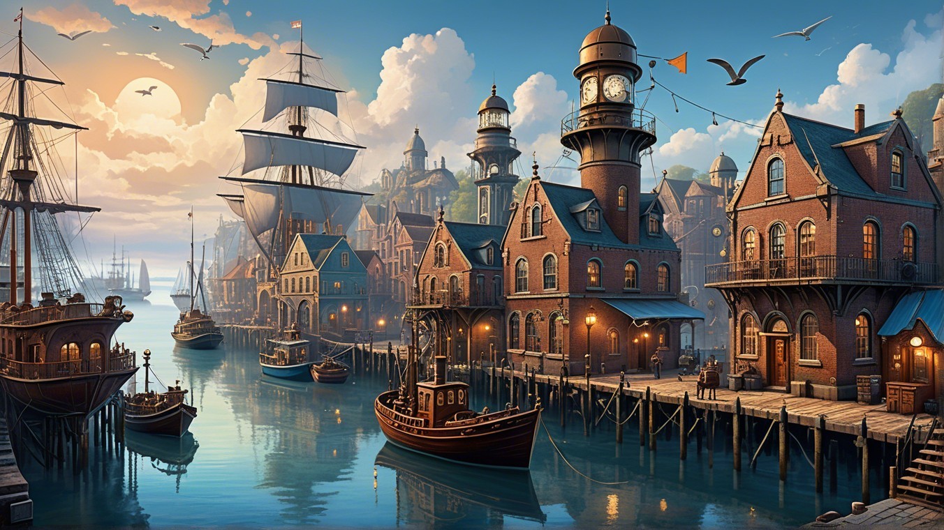 Picturesque Harbor Town at Sunrise with Clock Tower