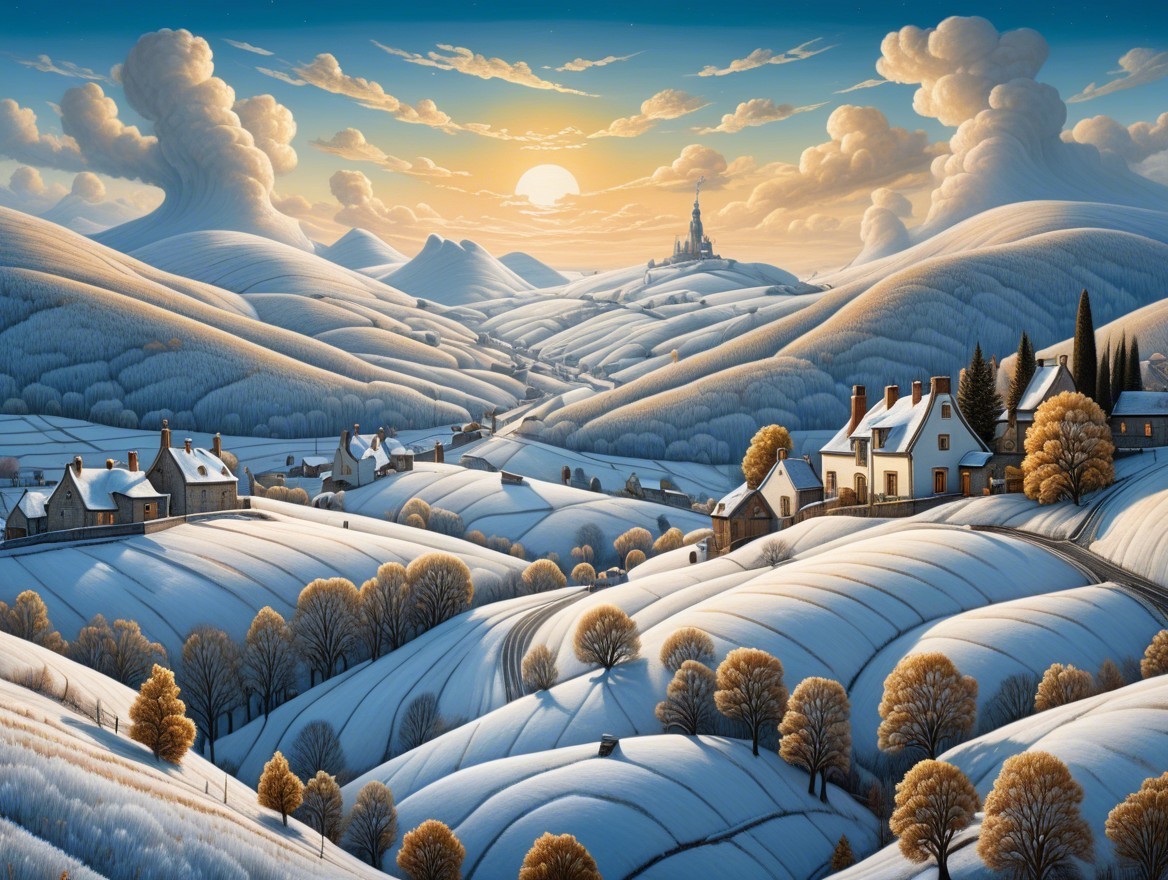 Serene Winter Landscape with Snow-Covered Cottages