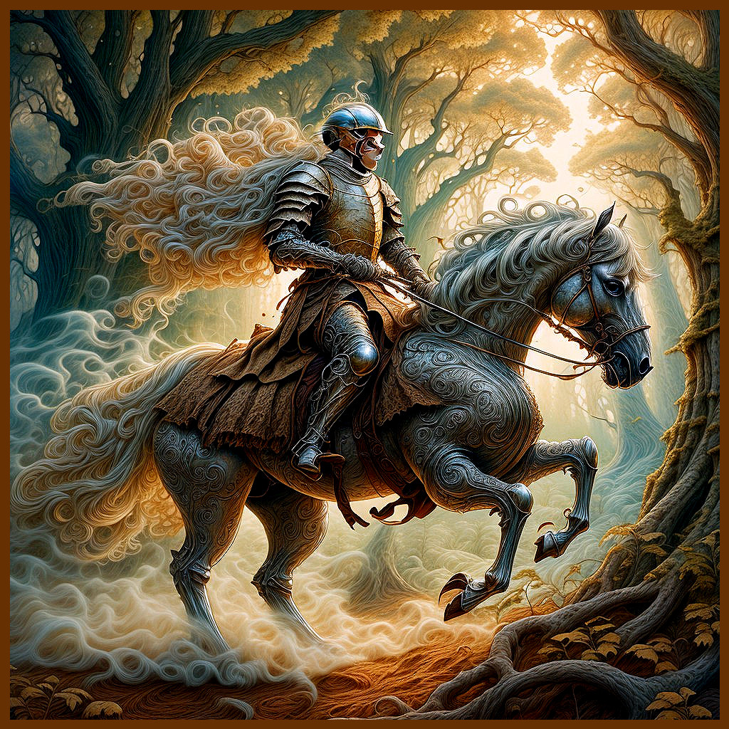 Knight on Horse in Enchanted Forest Setting