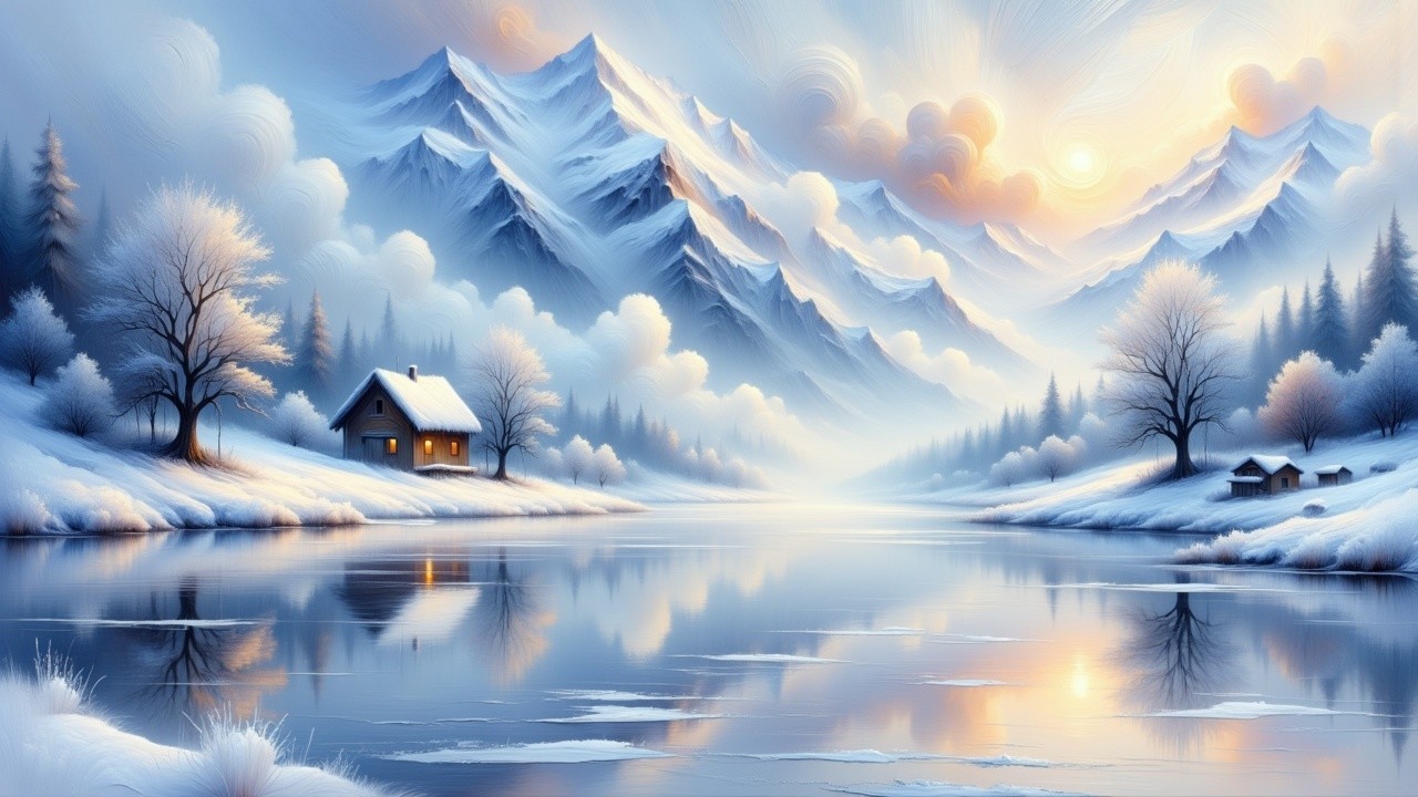 Serene winter landscape with mountains and cabin