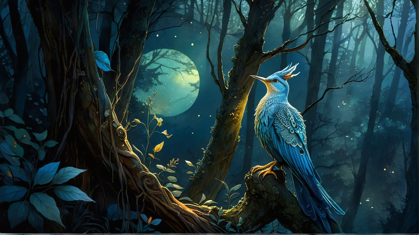 Mystical forest scene with blue bird and fireflies