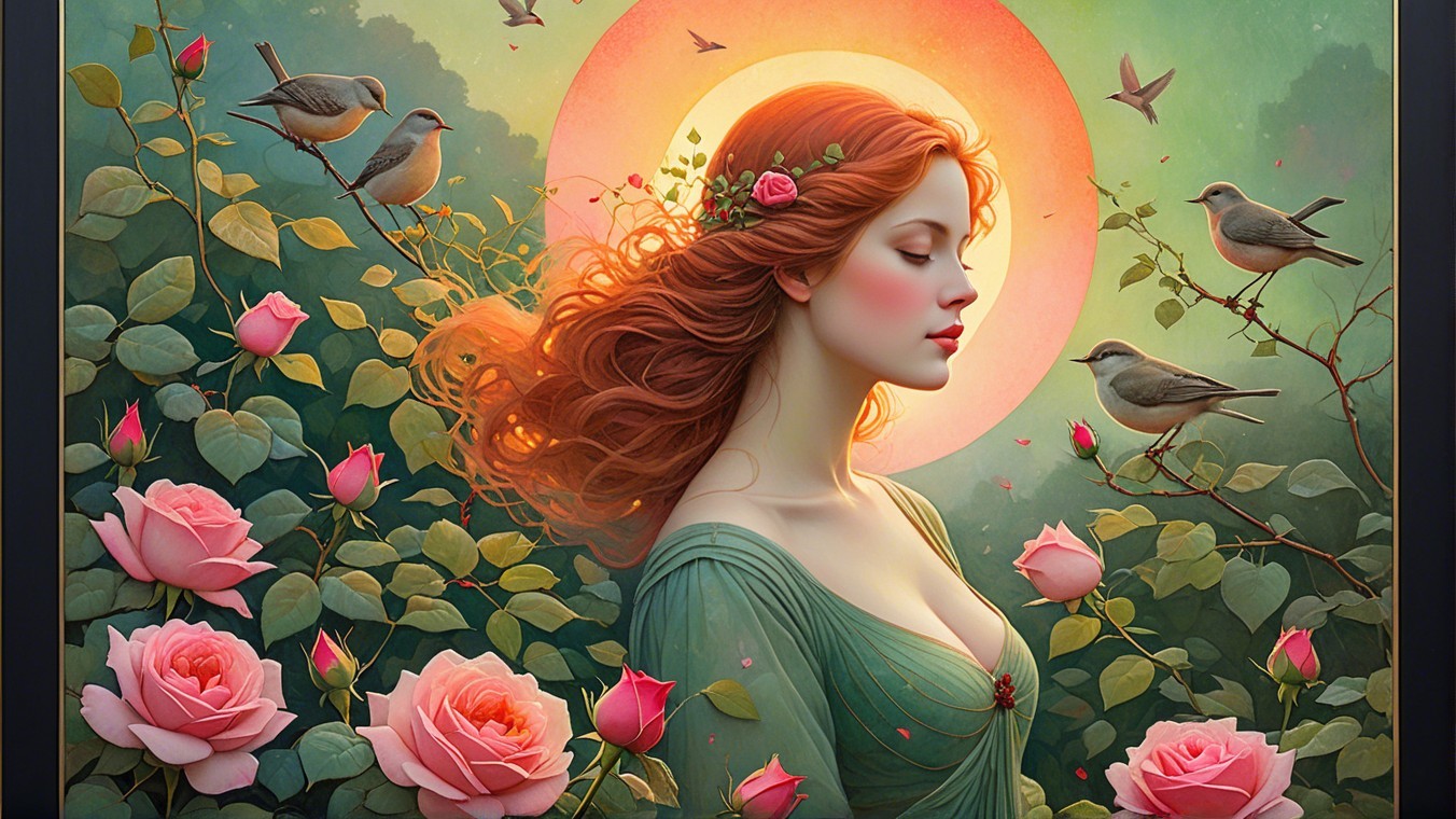 Serene Woman with Red Hair Surrounded by Roses