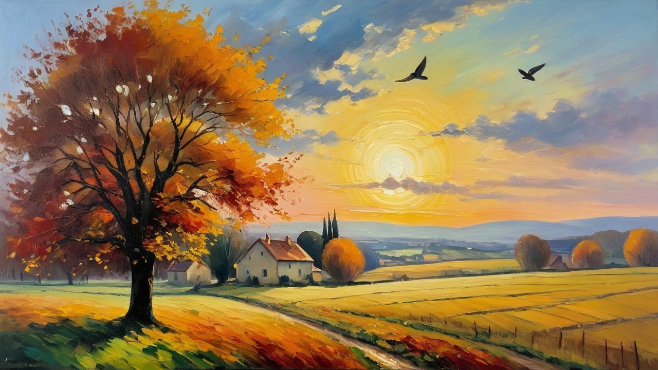 Autumn Landscape with Vibrant Trees and Sunset Sky
