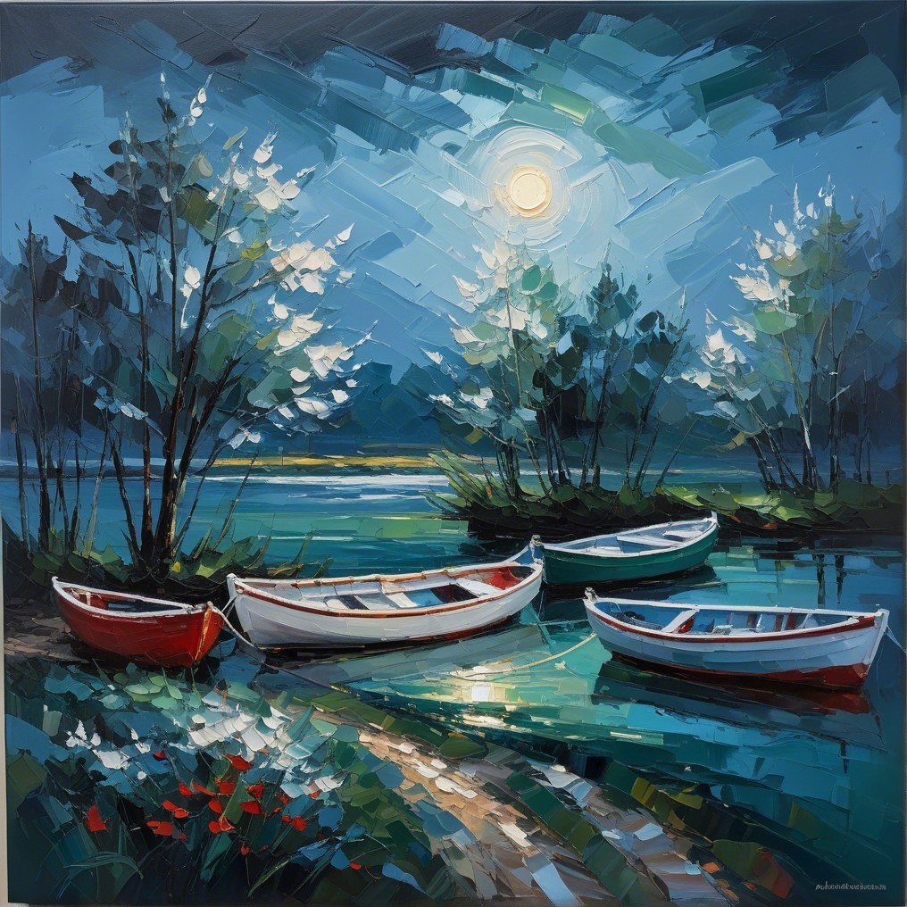 Lakeside Night Scene with Boats and Moonlight