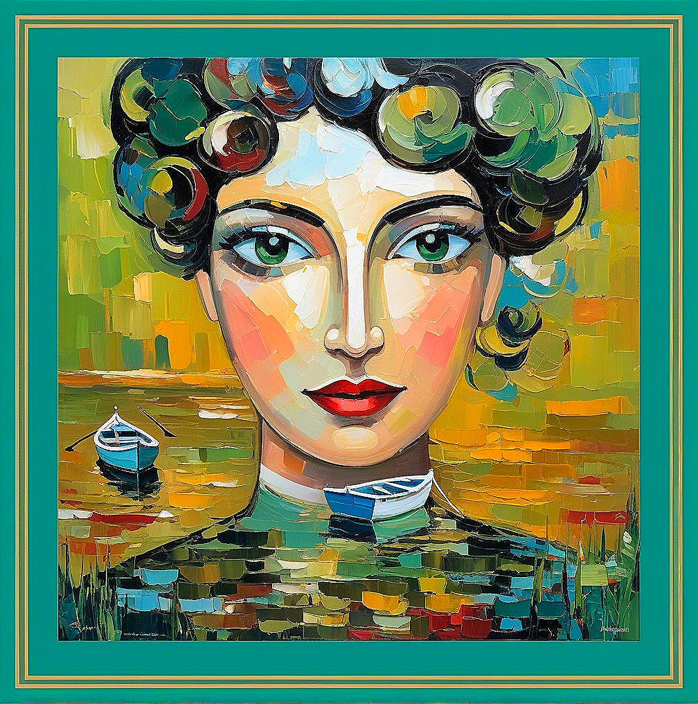 Vibrant Painting of Woman with Green Eyes and Boats