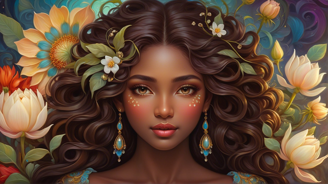 Portrait of a woman with curly hair and floral accents