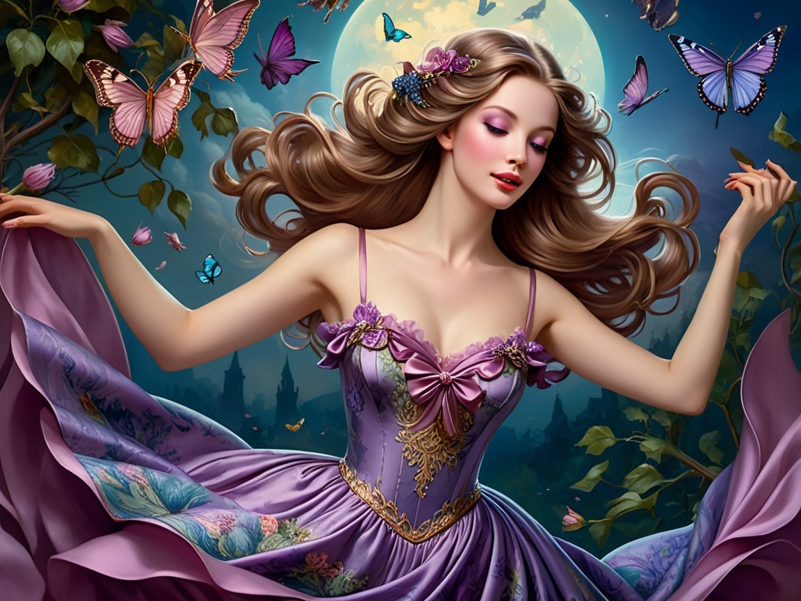 Woman in Lavender Gown Dances in Dreamy Landscape