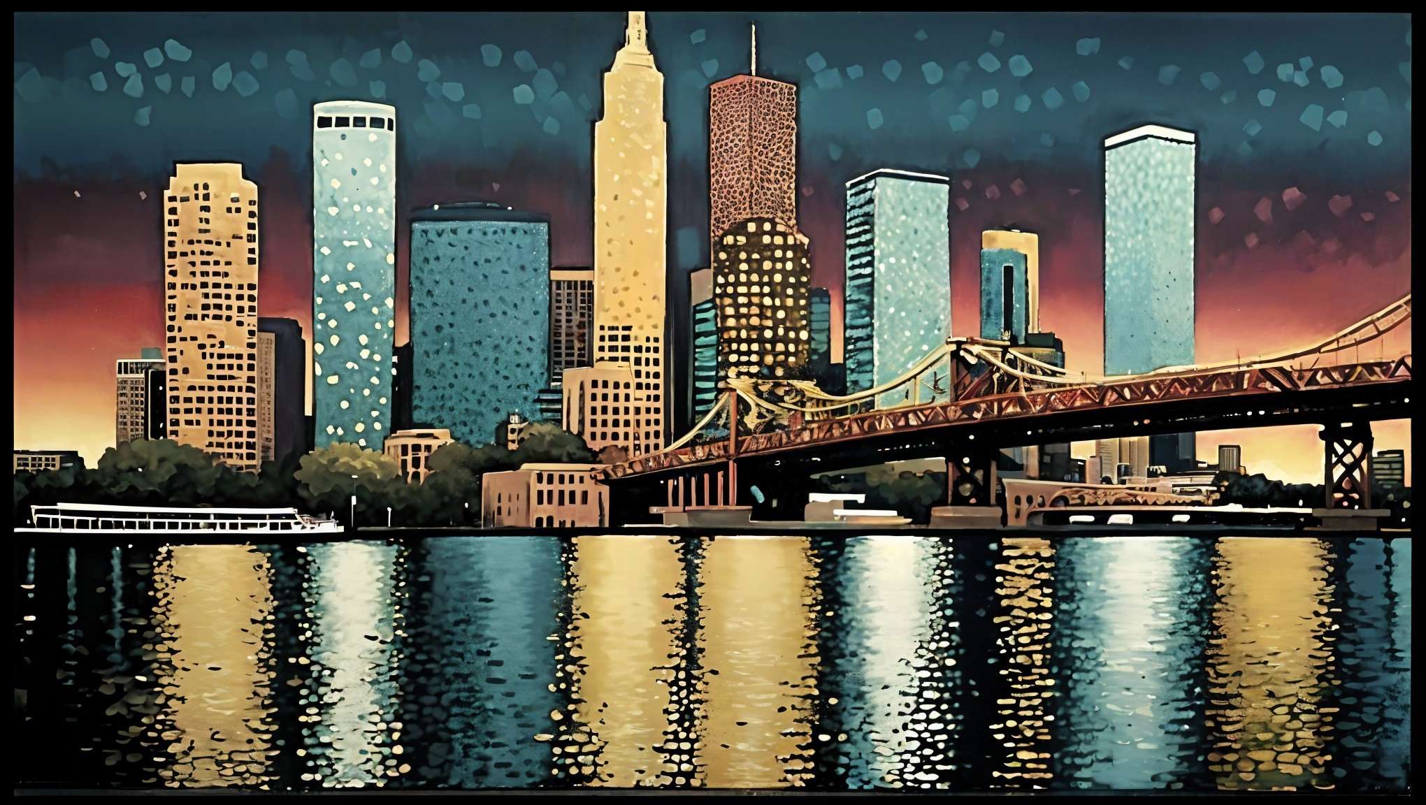 Vibrant City Skyline at Dusk with Skyscrapers and Water