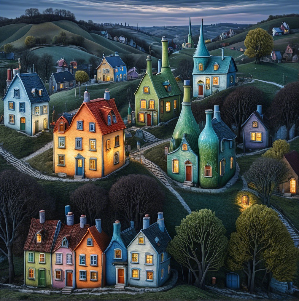 Whimsical Village at Twilight with Colorful Houses