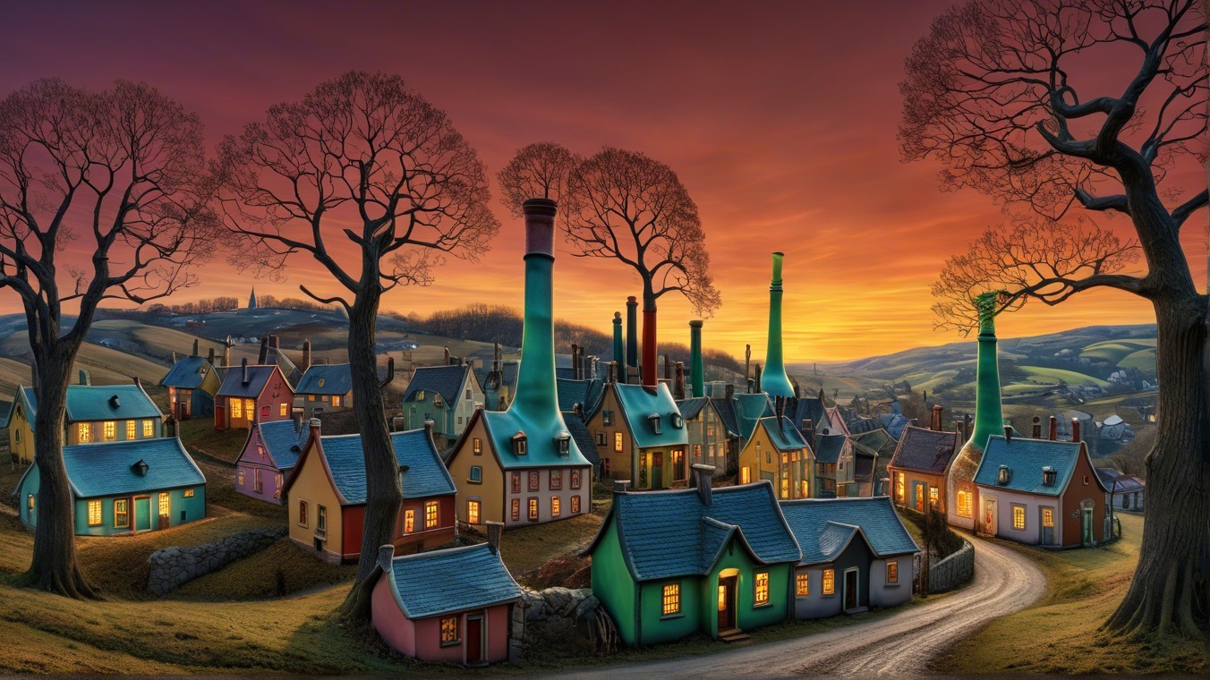 Whimsical Village with Colorful Houses at Sunset