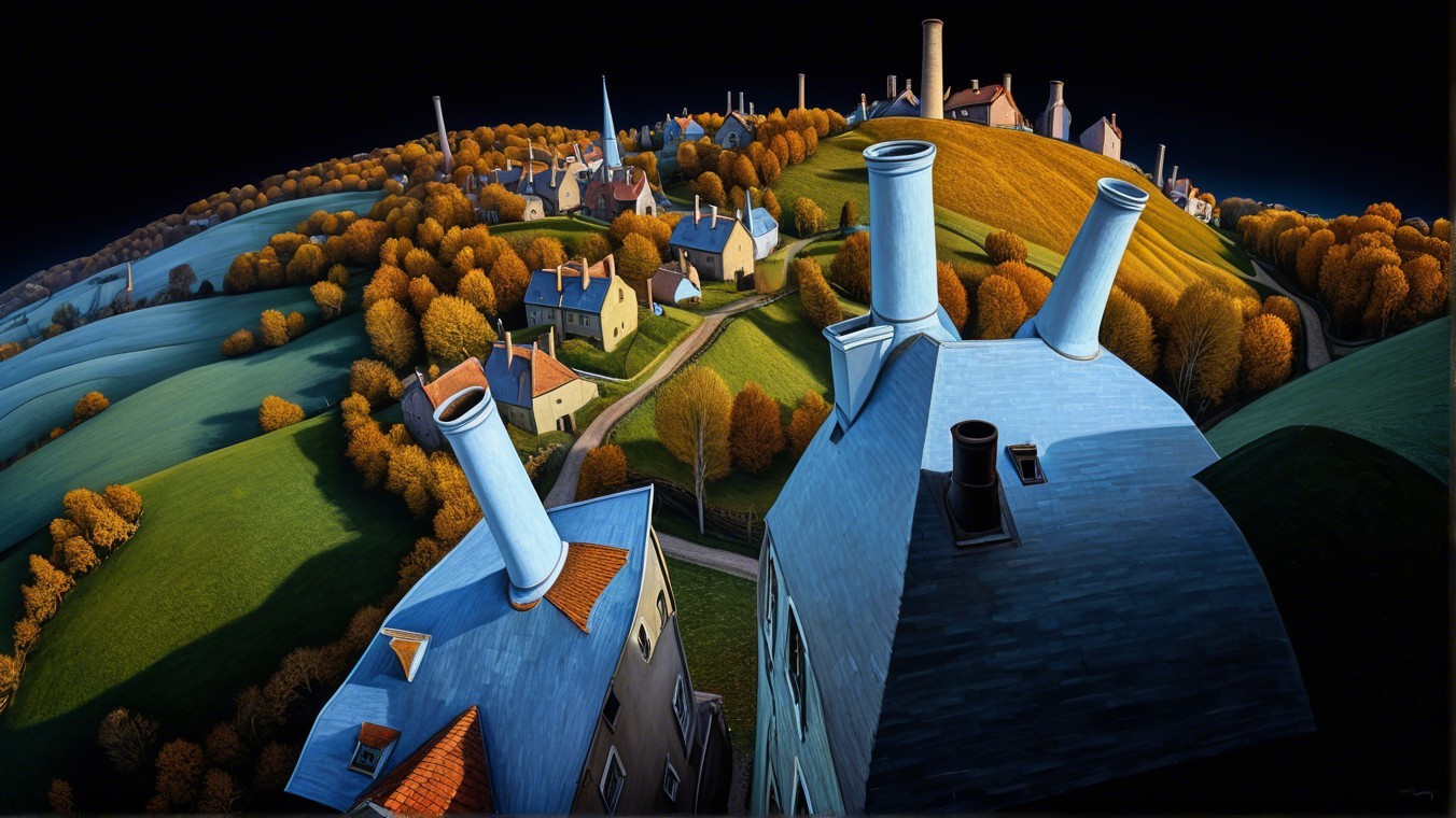 Whimsical Landscape with Autumn Trees and Village Rooftops