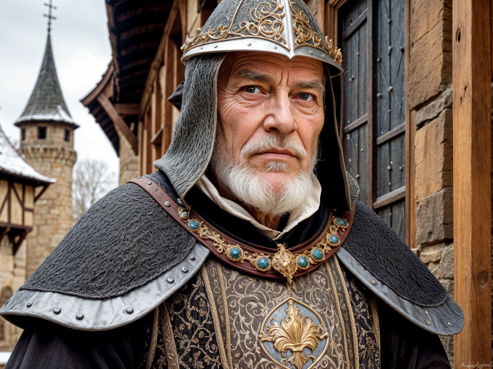 Older Man in Medieval Armor with Rustic Backdrop