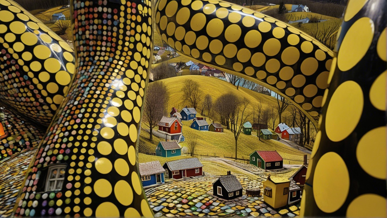 Whimsical Landscape with Colorful Polka-Dotted Structures