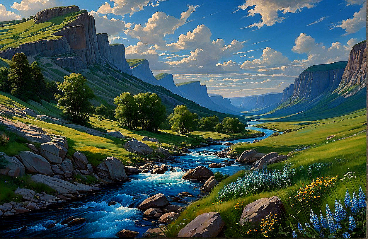 Winding River in Lush Valley with Vibrant Hills
