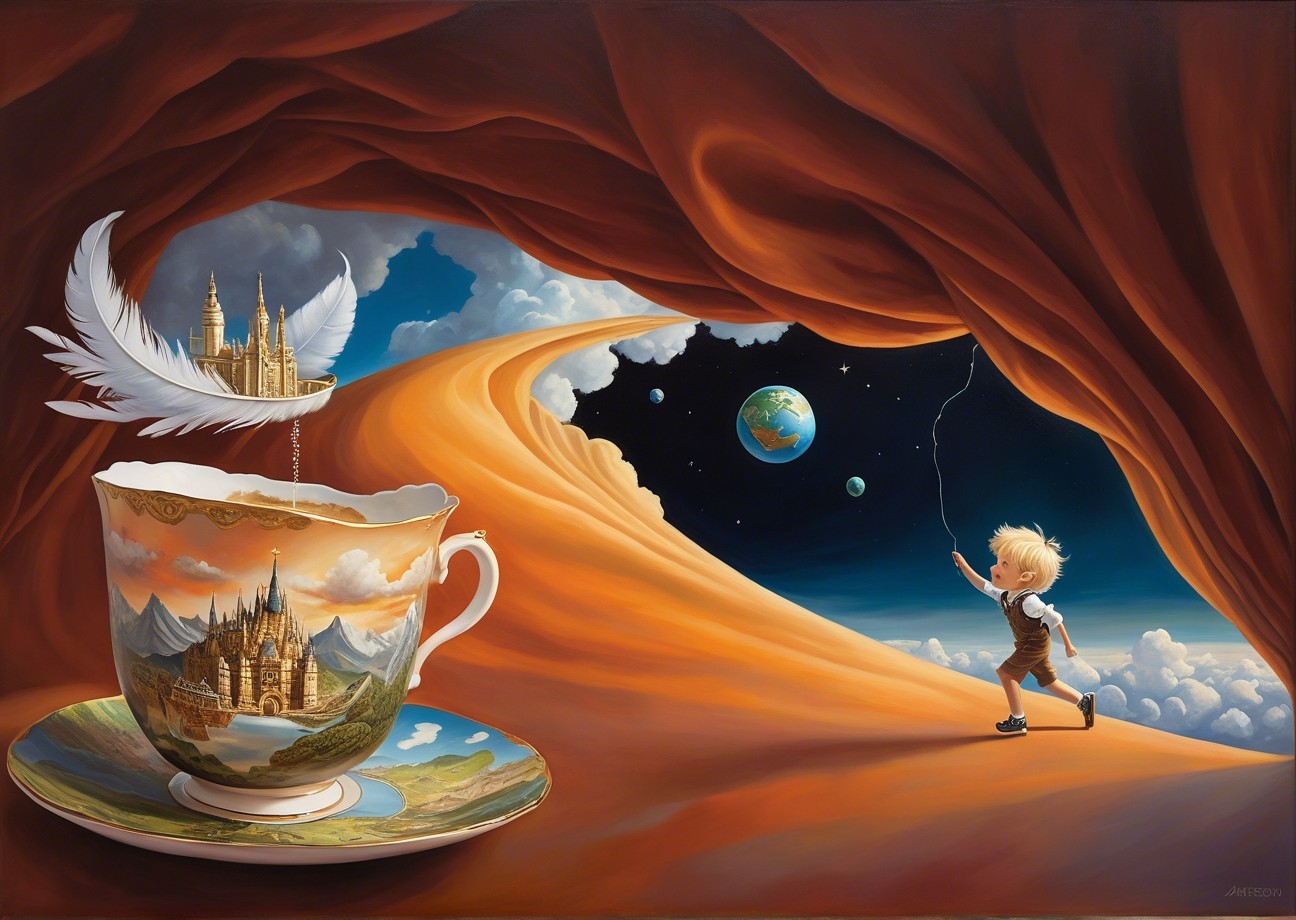 Surreal Cave Landscape with Teacup and Feather