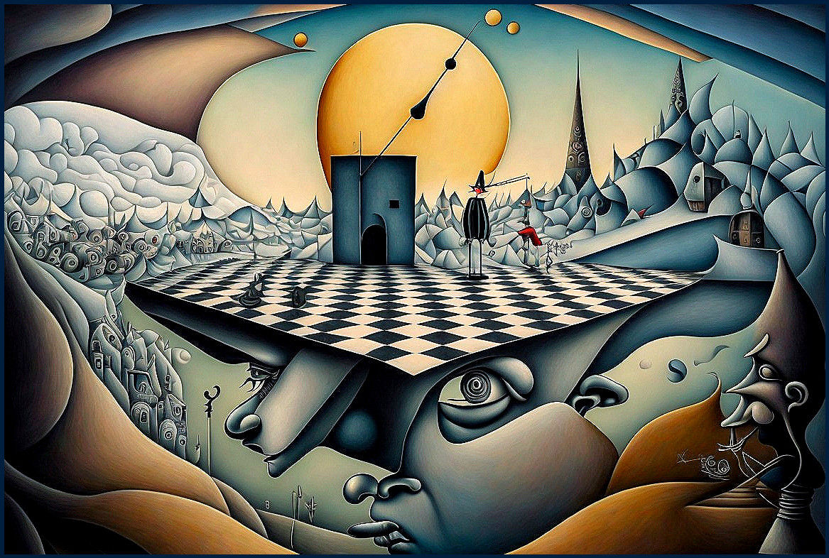 Surreal Landscape with Distorted Perspectives and Figures