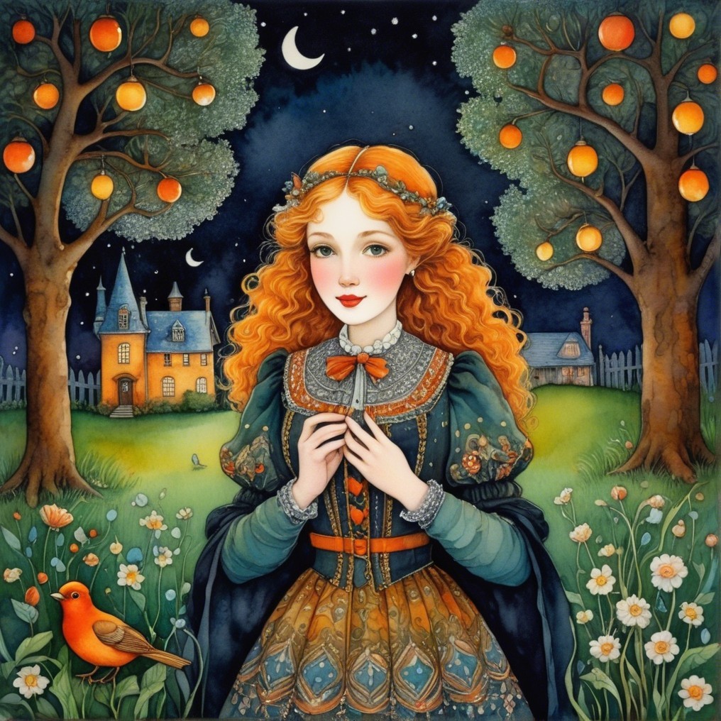 Young woman in historical gown in whimsical garden