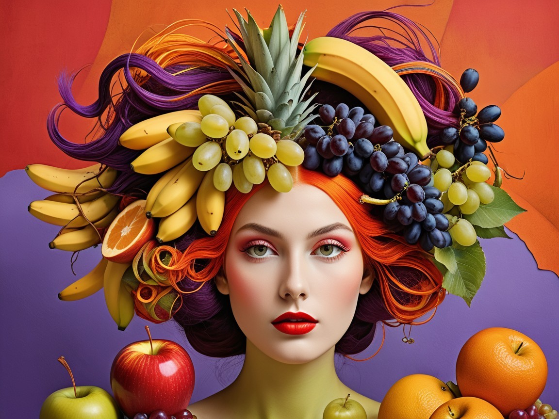 Portrait of a Woman with Fruit Basket Hair and Bold Makeup