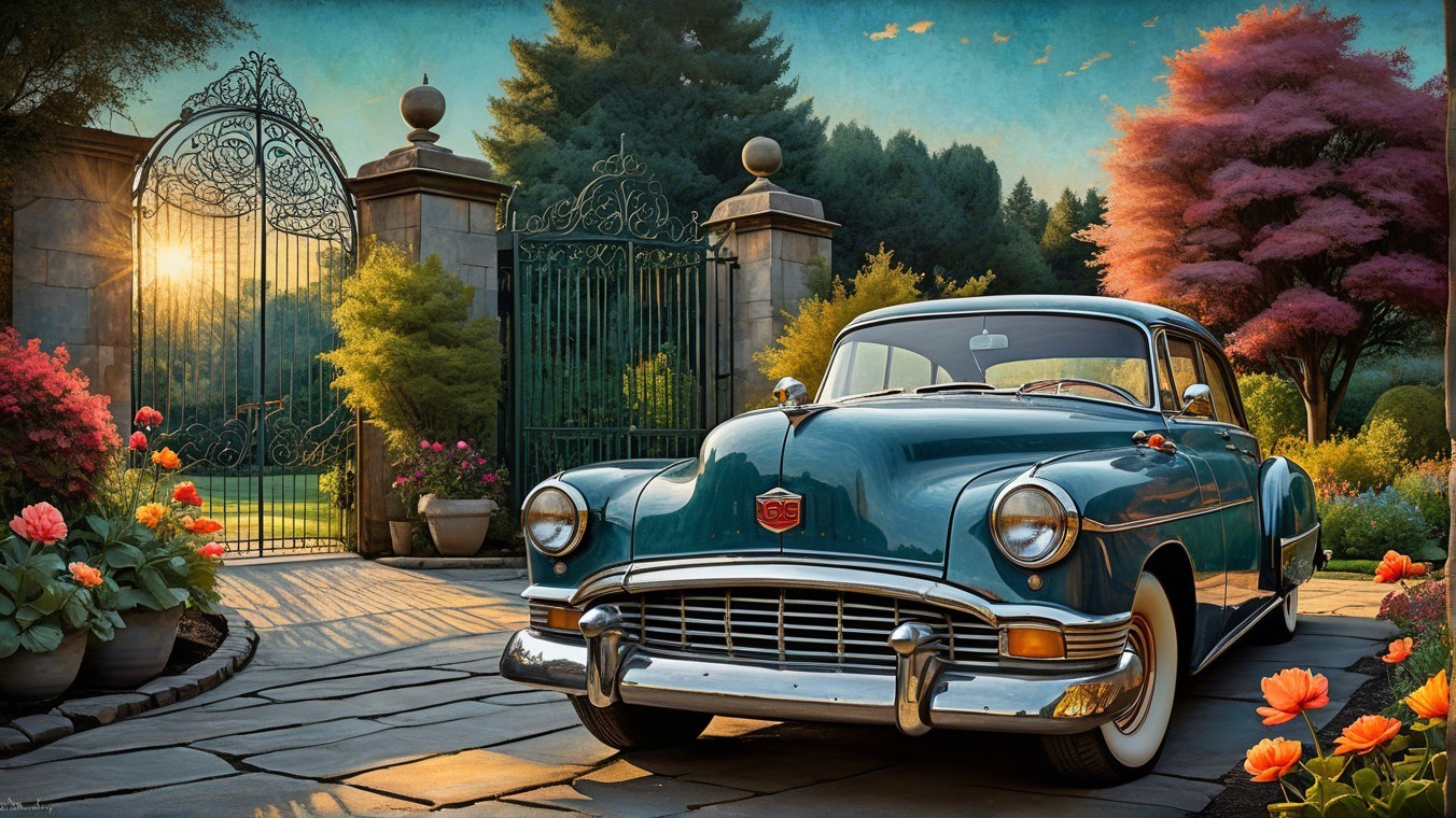 Vintage teal car on a cobblestone driveway with gardens