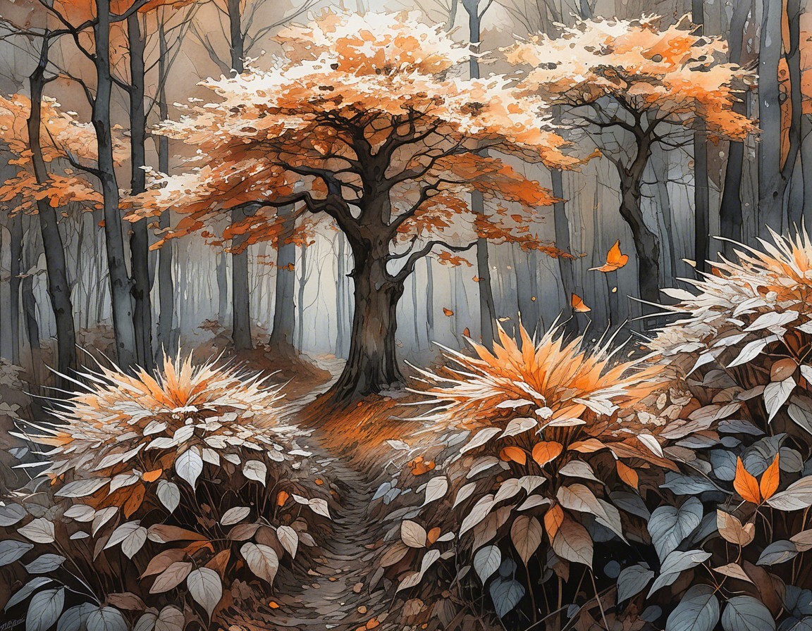 Autumn Forest Scene with Vibrant Leaves and Butterflies