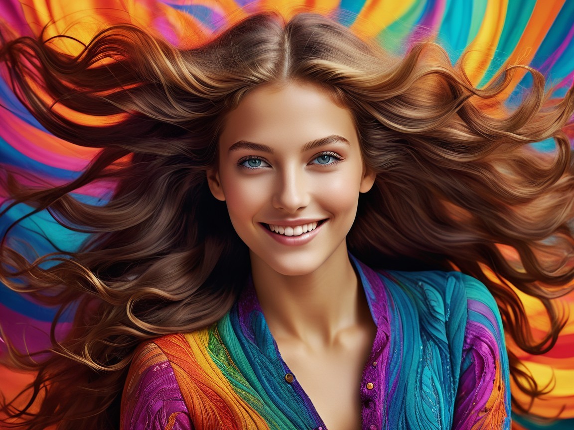 Young woman with long hair in vibrant rainbow setting