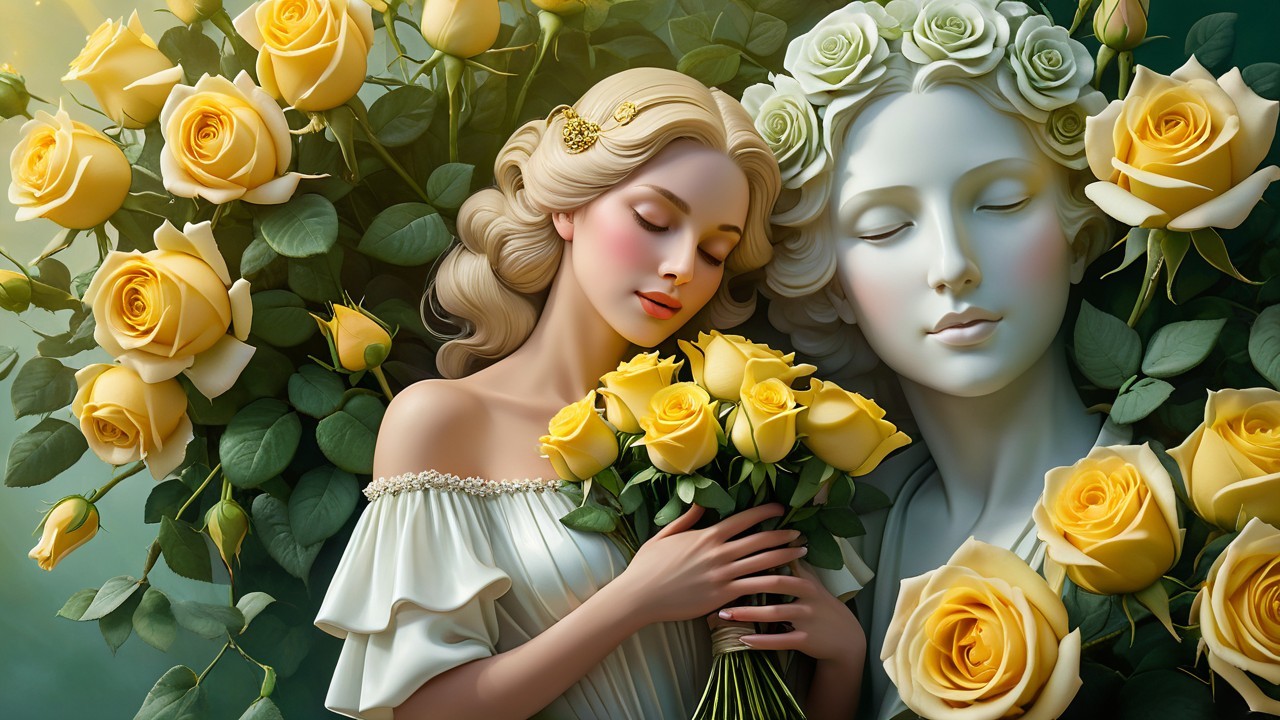 Serene Woman with Yellow Roses and Marble Statue