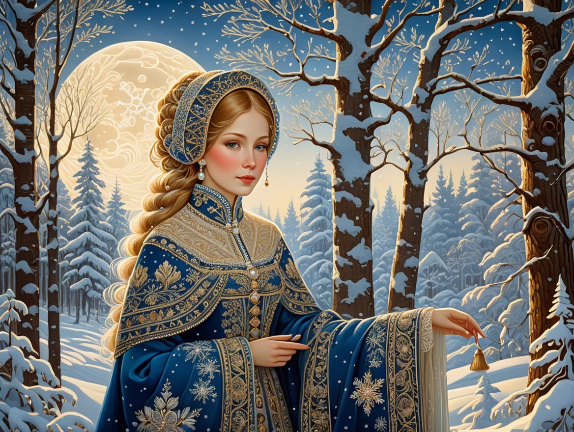 Young Woman in Ornate Gown in Snowy Forest at Night