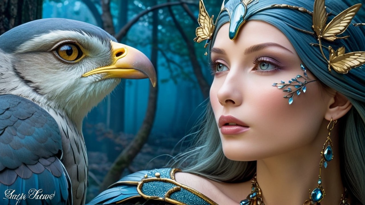 Mystical Forest Scene with Woman and Bird of Prey